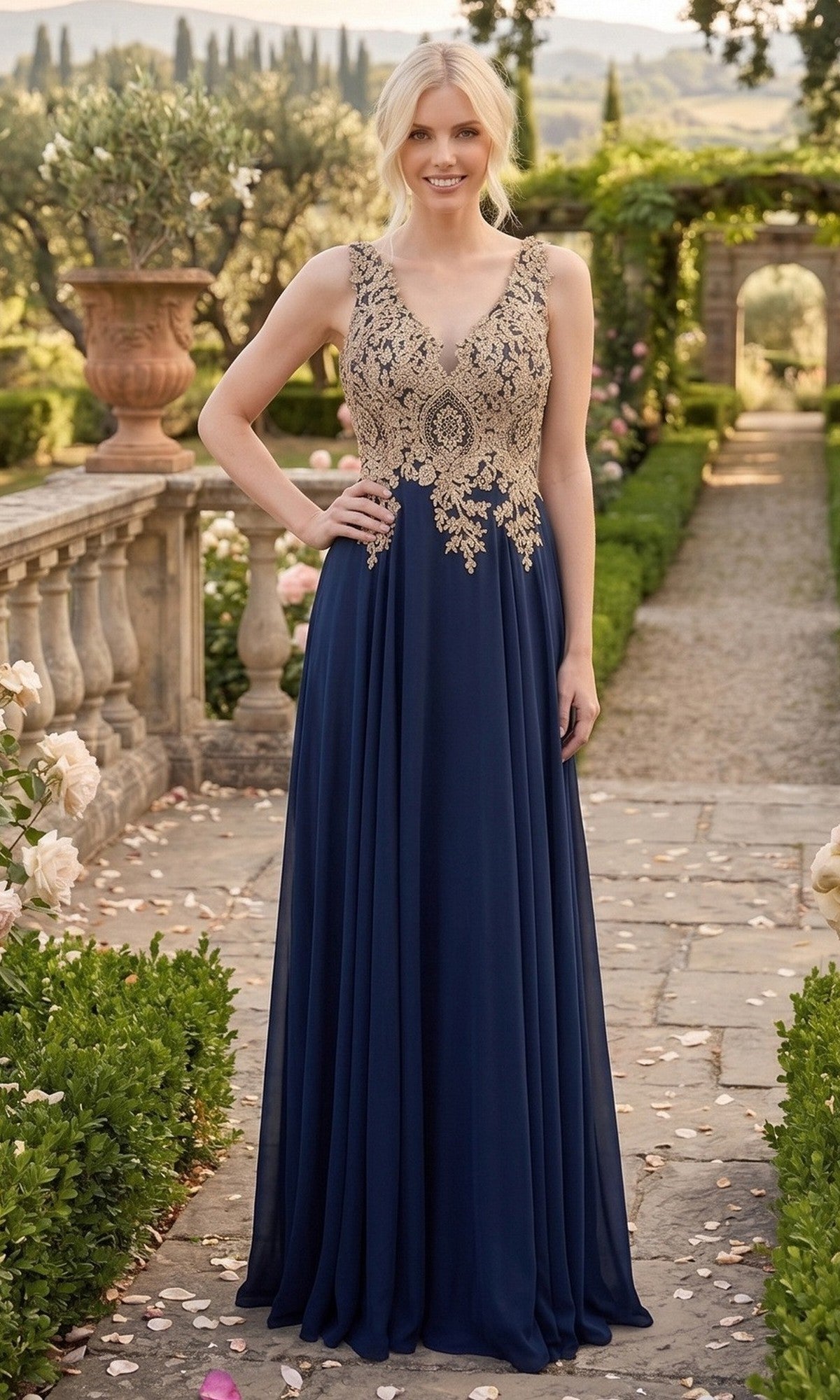 A woman stands outdoors in a formal garden setting, wearing the Long Formal Dress: Chicas DM4006, which features a sleeveless embroidered gold lace bodice and a navy chiffon A-line skirt, surrounded by stone paths, greenery, and flowers.